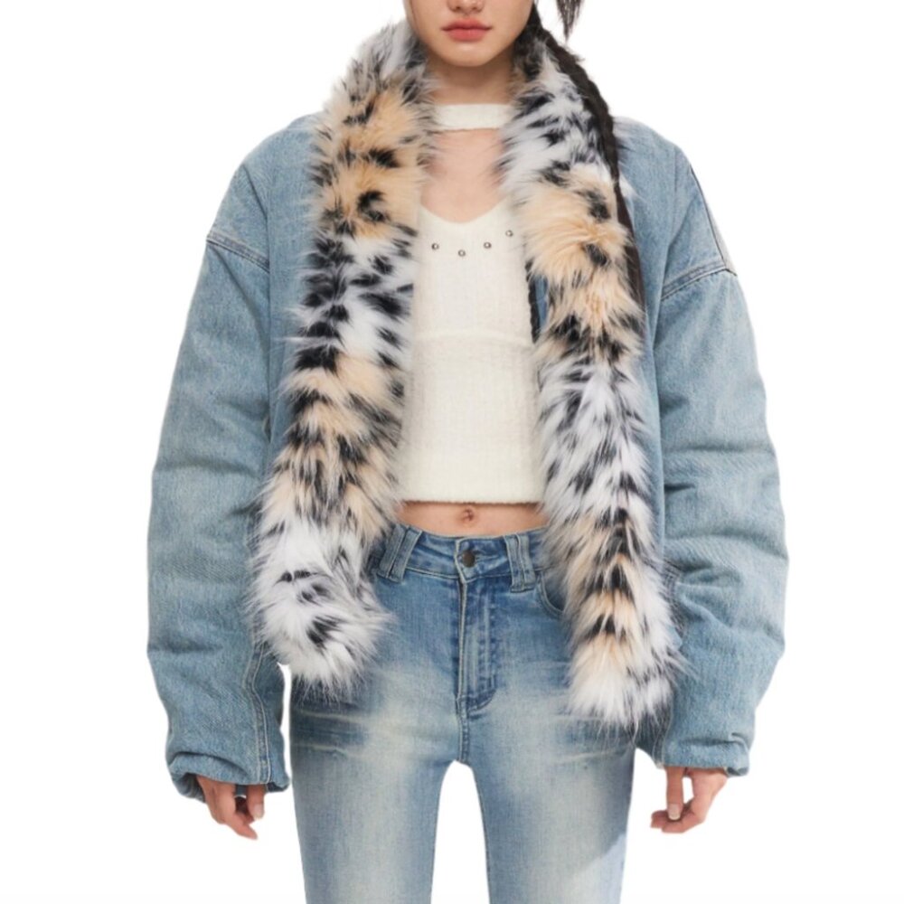 NAWS - Denim Leopard-Print Fur Collar Jacket SIZE M